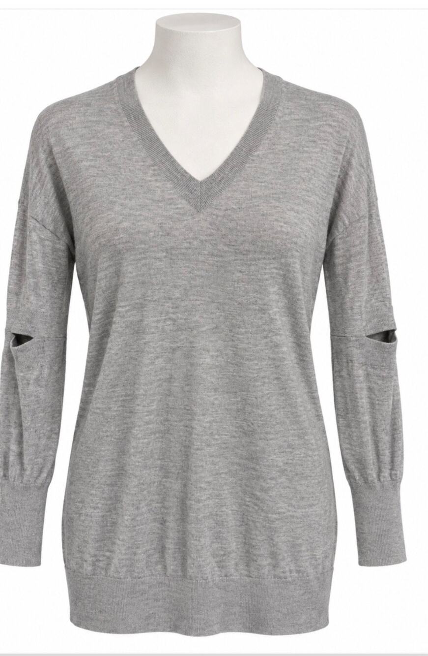 Nesh NYC Gray 100% Cashmere V Neck Sweater Open Elbow Cutout Sleeve Design XS
